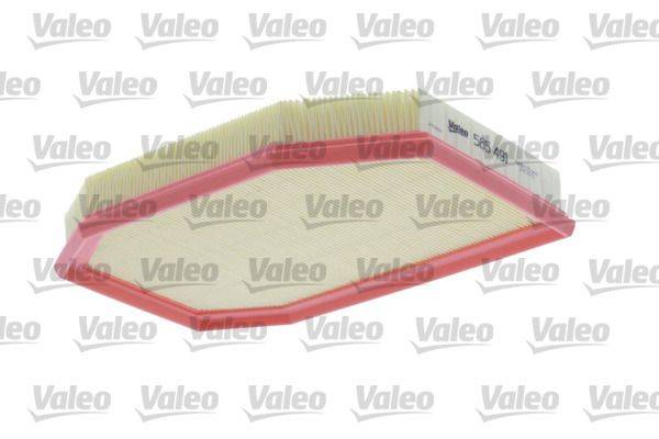 Ein sechseckiger Luftfilter mit roten Kanten und weißen Falten vor einem Hintergrund mit wiederholten Valeo-Logos.