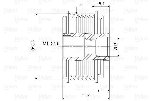 Eine technische Zeichnung eines Getriebes mit Abmessungen: Außendurchmesser 58,5 mm, Länge 41,7 mm und Innengewinde M14X1,5.