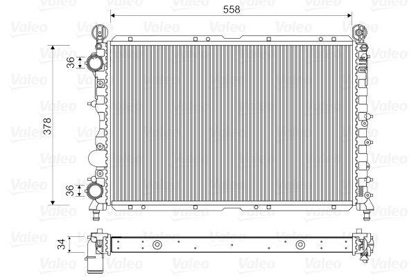 Diagramm eines Autokühlers mit Abmessungen von 558 mm Breite. Zeigt Seiten- und Draufsicht mit mehreren Anschlusspunkten.