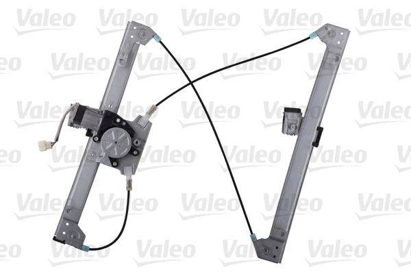 Autofensterhebermodul mit Motor und Kabeln vor einem Valeo-Markenhintergrund.