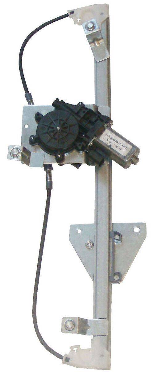 Elektrische Fensterheber-Motor- und Führungsschiene, die auf einem Metallbügel montiert ist und den elektrischen Anschluss sowie den Getriedemechanismus zeigt.