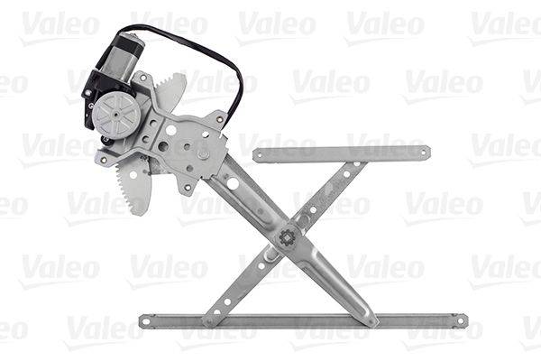 Ein Metall-Fensterheber für Fahrzeuge, der komplexe Zahnradmechanik und Stützarme zeigt. Im Hintergrund erscheint das 'Valeo' Logo leicht schemenhaft wiederholt.