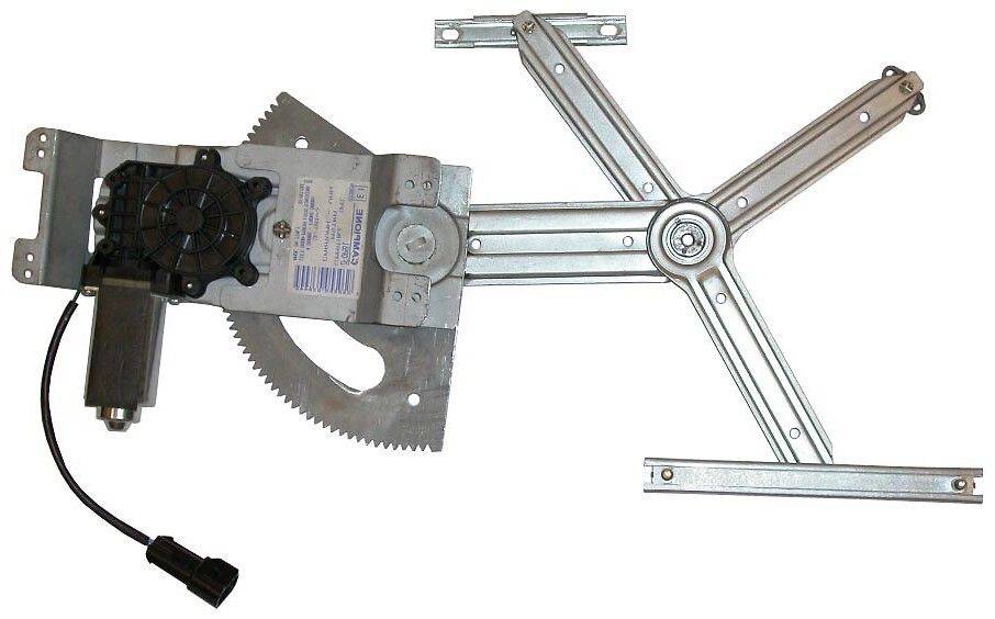 Ein Metall-Fensterheber mit einem scherenschnittartigen Mechanismus, ausgestattet mit einem Zahnrad und einer schwarzen Plastikabdeckung. Er steuert die Bewegung des Fahrzeugfensters.