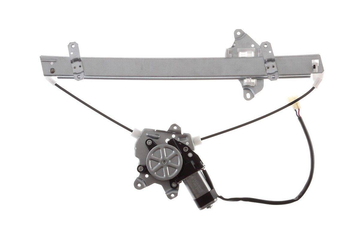 Eine Fensterheber-Einheit mit Motor und Kabeln, die typischerweise für elektrische Autofenster verwendet wird, wird vor einem weißen Hintergrund präsentiert.