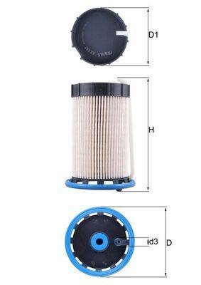 Ausschnitt des Automotor-Ölfilters mit Seiten- und Bodenansicht, mit beschrifteten Abmessungen als „H" für Höhe und „D"" für Durchmesser.