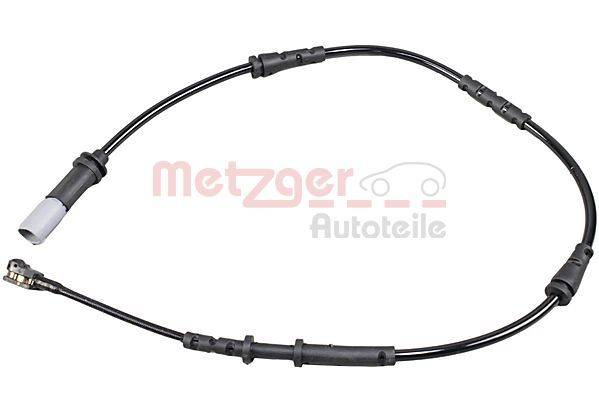 Ein schwarzes, rundes Verschleißsensor-Kabel für Autobremsbeläge mit mehreren Anschlüssen, vor einem einfarbigen Hintergrund. Logo und Text zeigen 'Metzger Autoteile'.