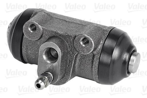 Eine Metall-Automotive-Bremszylinder mit Anschlüssen und Befestigungslöchern, vor einem Hintergrund mit sich wiederholendem 'Valeo' Text.