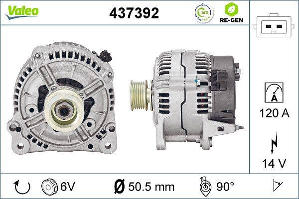Front- und Seitenansicht eines Generators mit der Bezeichnung 437392, 6V, 50,5 mm, 90°, mit Öko-Etiketten: Care Green und Re-Gen.