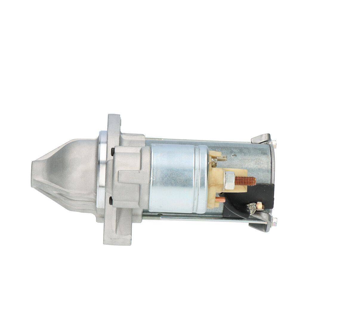 Anlasser für Kraftfahrzeuge, gezeigt mit Metallgehäuse, Zahnrädern und Anschlüssen. Dient zum Starten eines Motors durch Umwandlung von elektrischer in mechanische Energie.