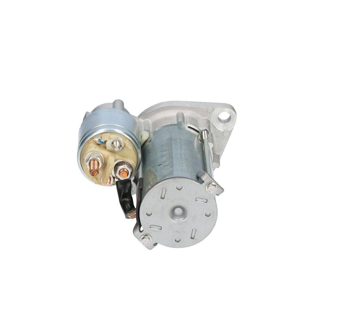 Anlasser für Automotoren mit zylindrischer Form, ausgestattet mit elektrischen Anschlüssen und Befestigungsbügeln.