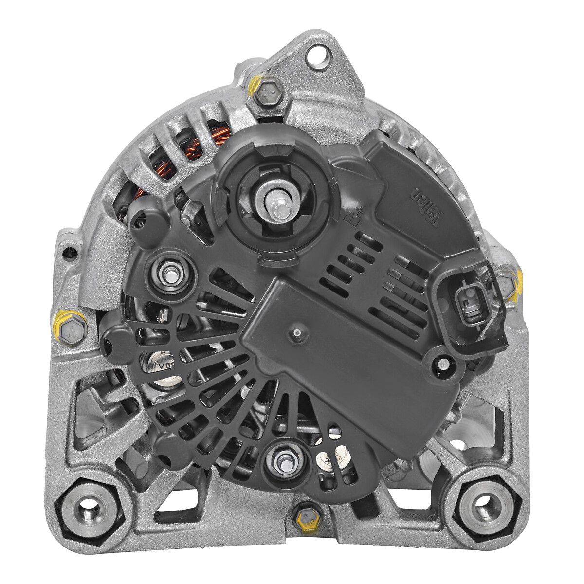Ein Automotive-Lichtmaschinenalternator mit sichtbaren Lüftungsschlitzen und Befestigungsbügeln, verwendet zum Aufladen der Fahrzeugbatterie und zur Stromversorgung elektrischer Systeme.