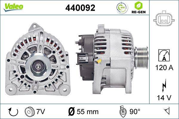 Lichtmaschine mit Teilenummer 440092, Vorder- und Seitenansicht. Durchmesser: Ø 55 mm. Spannung: 7V. Drehung: 90 Grad.