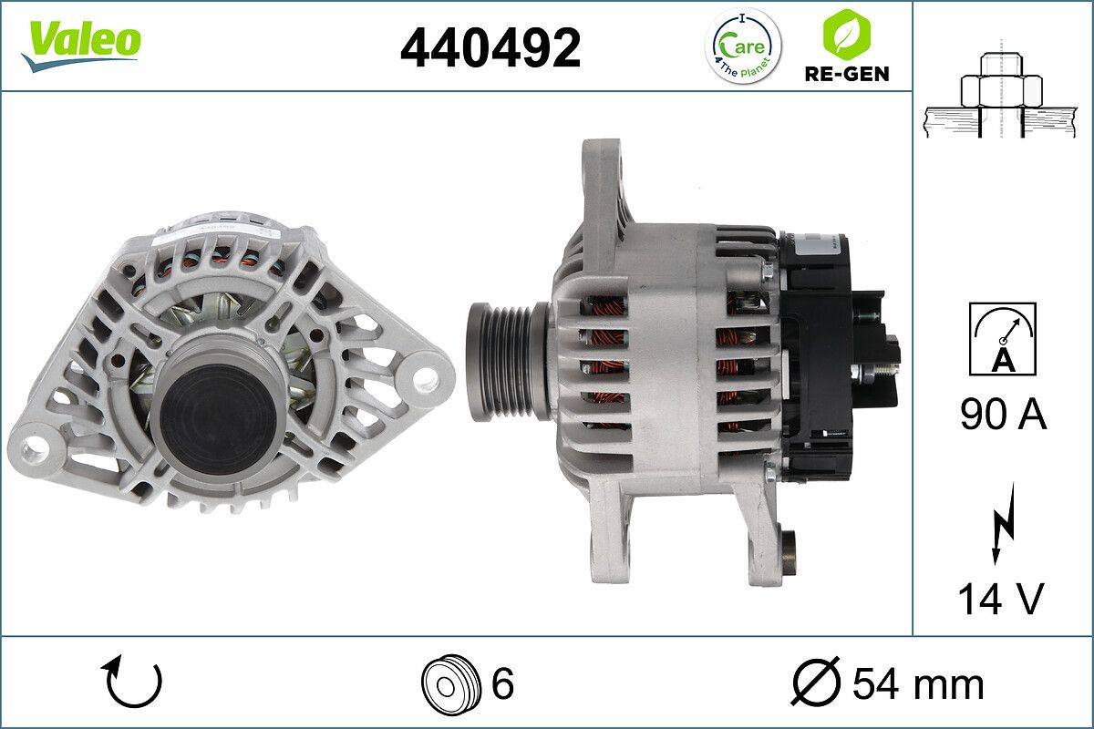 Lichtmaschine 440492 mit zwei Ansichten, die Anschlusspunkte und Design zeigen. Beschriftet mit ‚Sorge für den Planeten' und ‚Re-Gen'. Symbole zeigen 6 Anschlüsse und keine Riemenscheibe an.