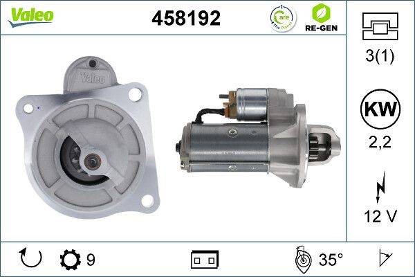 Anlasser Modell 458192; zeigt Vorder- und Seitenansichten. Merkmale umfassen Qualitätsbewertungen und technische Spezifikationen: 9 Zähne, 35° Winkel.