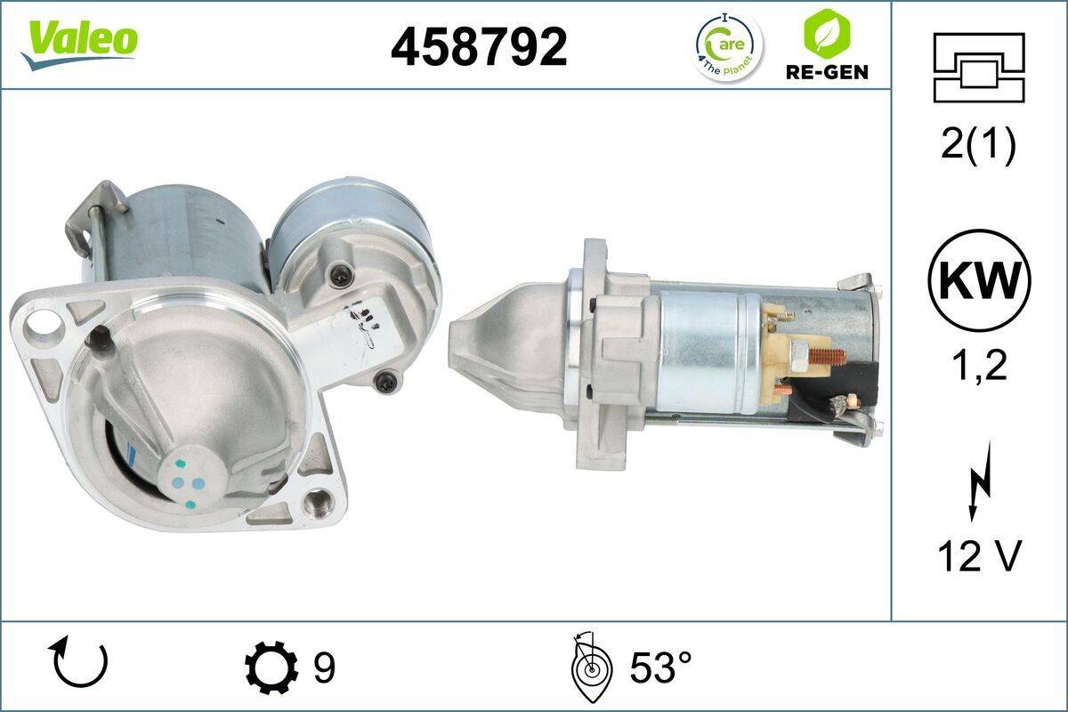 Anlasser für Fahrzeuge mit Produktcode '458792' zeigt Symbole für Pflege, Regeneration, einen Schraubenschlüssel, Öl und eine Motortemperatur von 53 Grad.