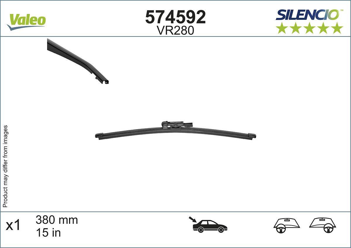 Scheibenwischerblatt 574592 VR280, in Verpackung dargestellt mit Symbolen, die eine Größe von 600 mm und Fahrzeugkompatibilität anzeigen.