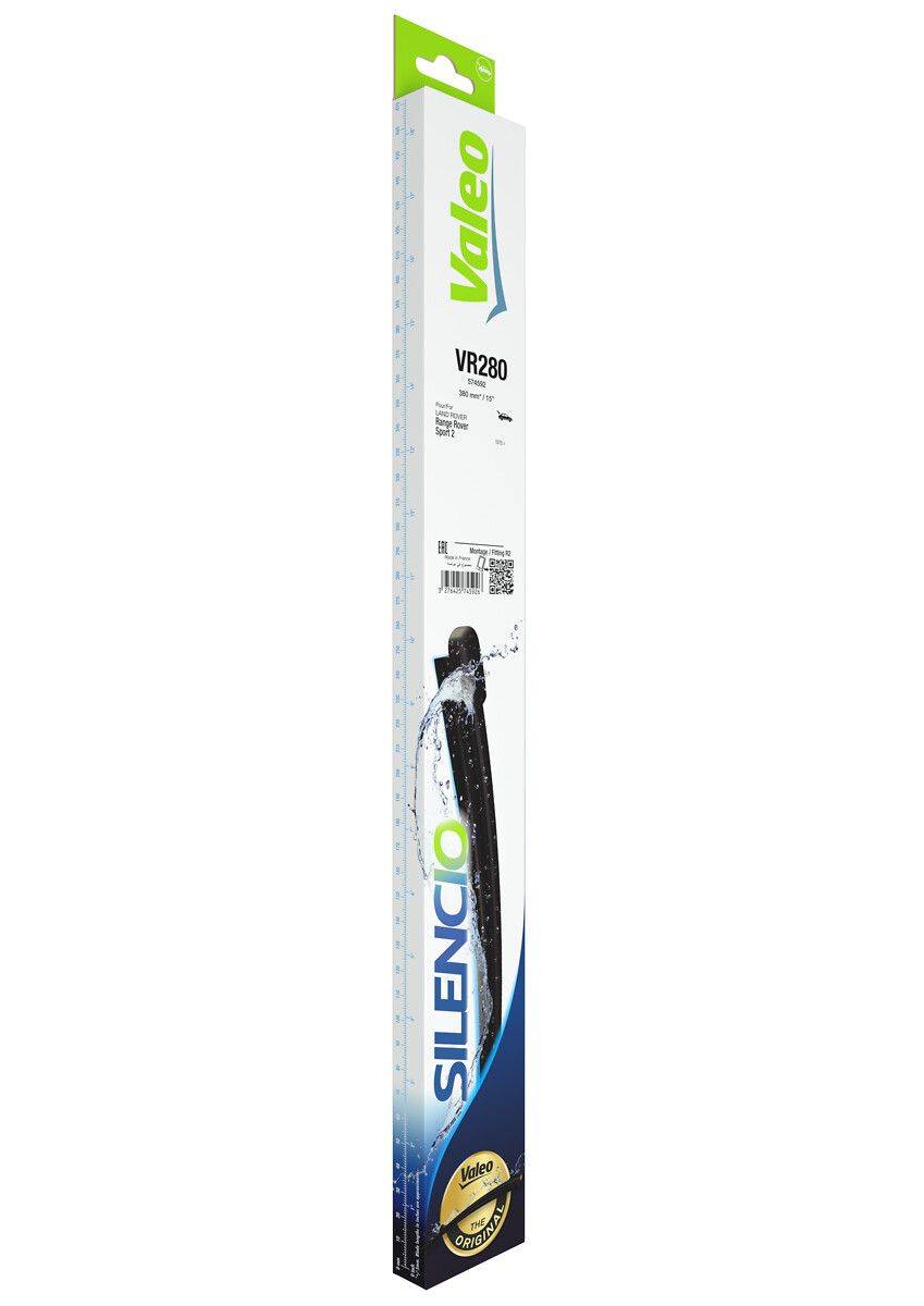 Ein vertikales Verpackungsbild einer Valeo-Wischerblattmarke. Das Produkt ist mit 'VR280' und 'Silencio' beschriftet. Blaue und grüne Grafiken sind sichtbar.