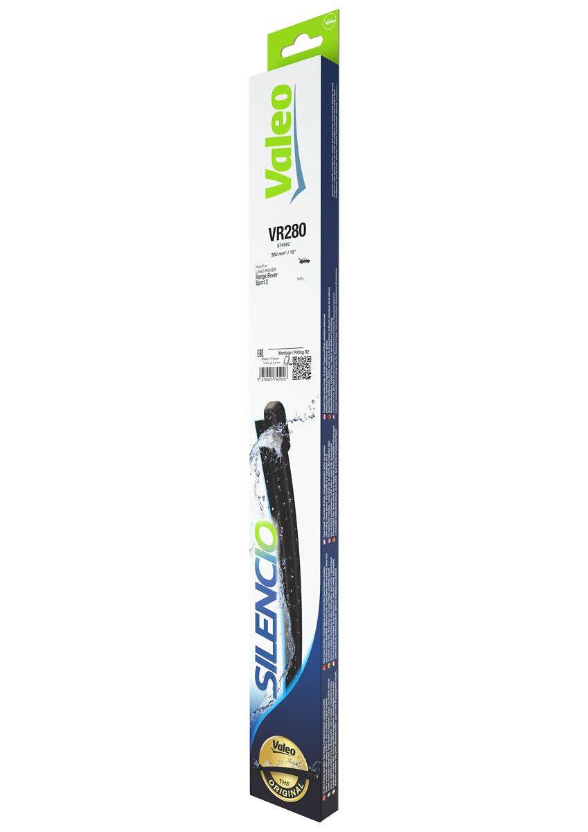 Eine Packung von Valeo Marke 'Silencio' Scheibenwischern, Modell VR280, die das Produktdesign und Branding präsentiert.