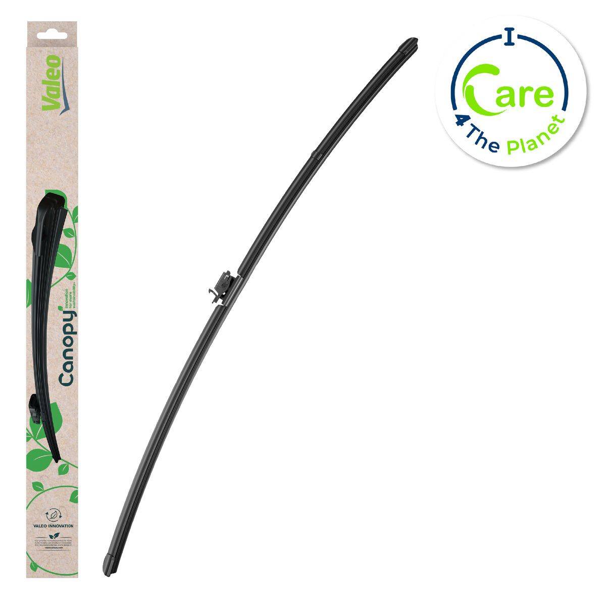 Scheibenwischer mit umweltfreundlicher Verpackung, beschriftet mit 'Valeo Canopy'. Rundes Logo zeigt 'Care 4 The Planet'.
