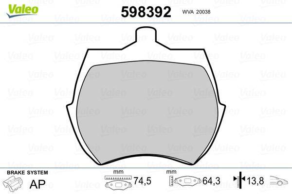 Eine Skizze eines Bremsbelags mit Teilenummer 598392, Abmessungen von 74,5 mm Breite und 64,3 mm Höhe sowie Code WVA 20038.