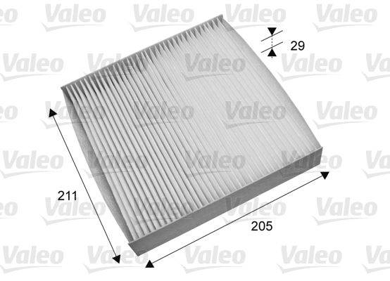 Quadratischer Luftfilter mit Falten, Abmessungen beschriftet als 211 mm x 205 mm x 29 mm. Marke 'Valeo' im Hintergrund wiederholt.