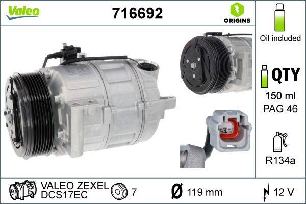 Bild eines Automotive-Kompressors mit Modellnummer 716692. Marke: VALEO ZEXEL. Durchmesser: 119 mm. Symbole für Messungen und Markenlogo.