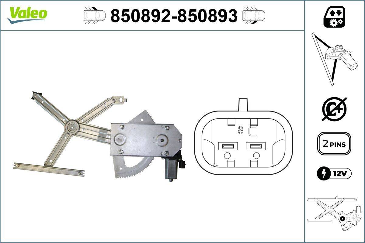 Bild eines Fensterhebermechanismus mit Teilenummer 850892-850893 und einer Zeichnung eines elektrischen Anschlusses.