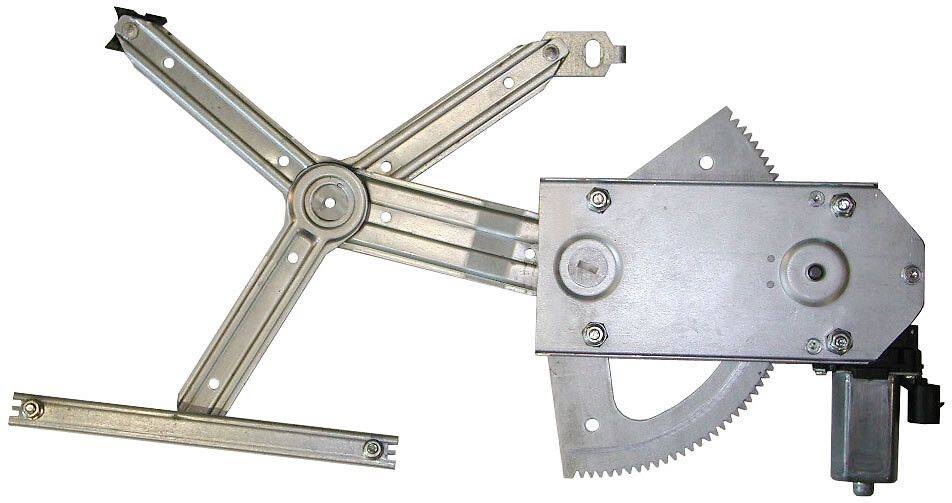 Ein Metall-Fensterhebermechanismus, der in Fahrzeugen verwendet wird, mit einer scherenschnittartigen Konstruktion mit Zahnrädern und Befestigungsbügeln zur Fensterbetätigung.