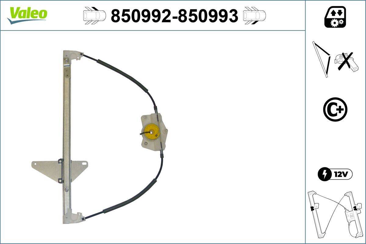 Autofensterhebereinheit mit den Teilenummern '850992-850993' dargestellt.