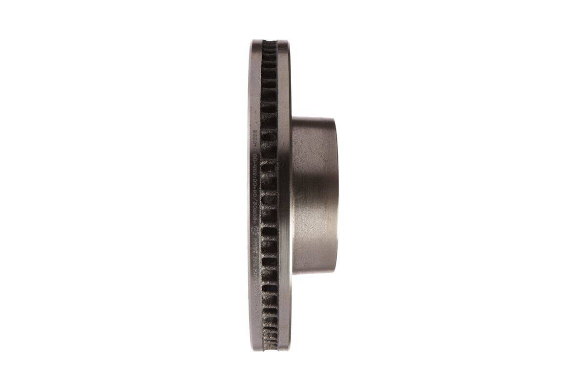 Seitenansicht einer metallischen, kreisförmigen Bremsscheibe mit Belüftungsdesign, die ihre Dicke und Details der Belüftungsrillen zeigt.