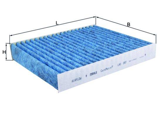 Ein blauer rechteckiger Fahrzeugkabinen-Luftfilter mit den Aufschriften 'AIRFLOW', 'MAHLE CareMetix' und anderen Markierungen. Abmessungen mit L und B beschriftet.