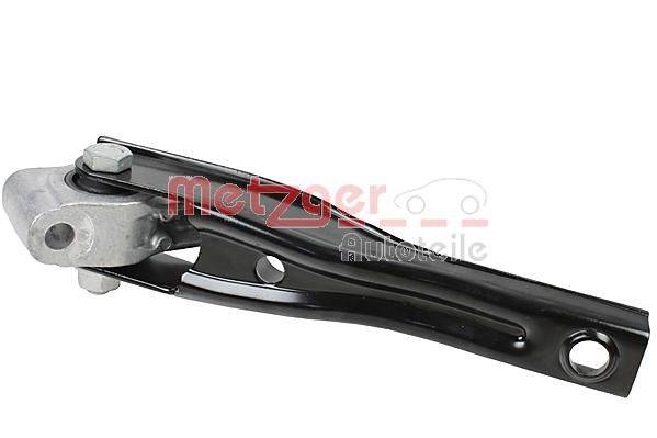 Eine schwarze Automotive-Querlenker-Aufhängung mit einem Metallgelenk, vor einem weißen Hintergrund dargestellt. Der Name 'Metzger' ist leicht sichtbar.