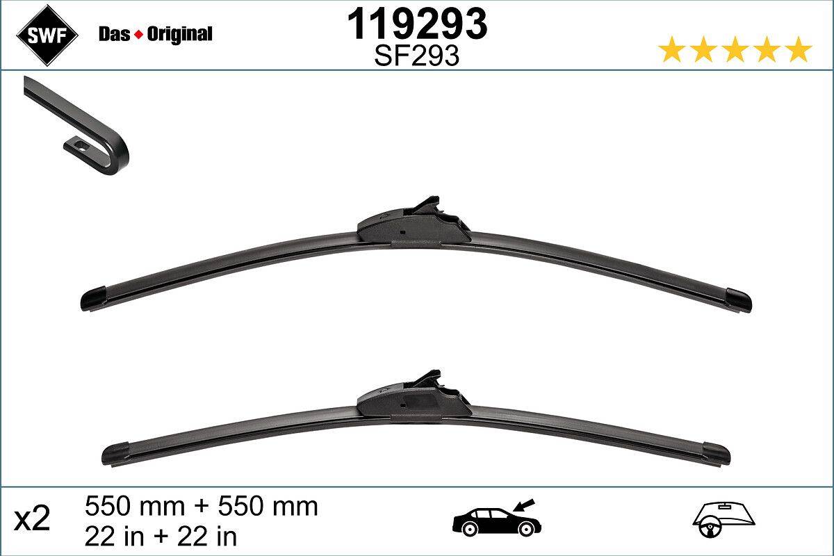 Autoteilekatalogseite mit Scheibenwischermodell 119293 SF293, Größen 22 mm + 550 mm.