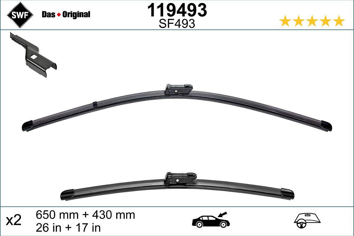Scheibenwischerblatt-Set, Modell SF493, umfasst 19-Zoll- und 17-Zoll-Wischerblätter, geeignet für die Reinigung der Windschutzscheibe von Fahrzeugen.