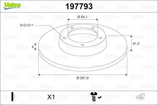 Technische Zeichnung eines kreisförmigen mechanischen Bauteils mit folgenden Maßen: Außendurchmesser 281,9, Innendurchmesser 64,1, Höhe 9. Enthält 5 Bohrungen.