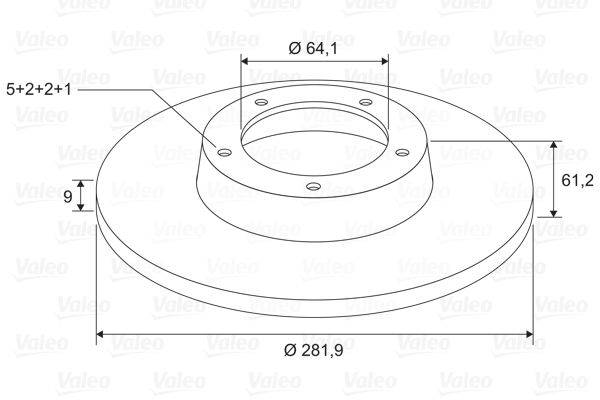 Diagramm einer kreisförmigen Scheibe mit Abmessungen: Außendurchmesser 281,9 mm, Innendurchmesser 64,1 mm, beschriftet mit 'Valeo'.