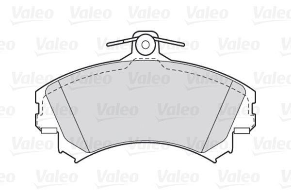 Diagramm eines Bremsbelags mit einer Oberklemme, wobei seine Krümmung und Befestigungspunkte hervorgehoben werden. Der Hintergrund ist mit dem Wasserzeichen 'Valeo' versehen.