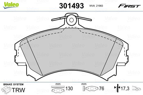 Bremsbelagdiagramm zeigt Abmessungen: 130 mm Breite, 76 mm Höhe. Modellnummer '301493' mit Markenlogo im Hintergrund.