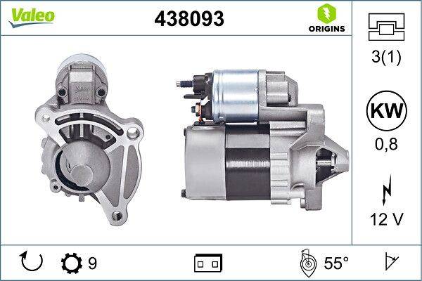Anlasser Modell 438093 von Origins Marke, von Seiten- und Frontansicht gezeigt. Untere Symbole: Fotogalerie und Temperatur 55°.