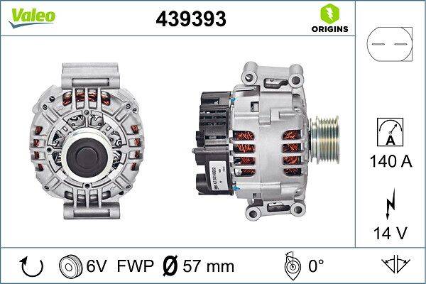 Lichtmaschine, Teilenummer 439393, Vorder- und Seitenansicht. Spezifikationen: 6V, FWP, 57 mm Durchmesser, 0 Grad Ausrichtung.