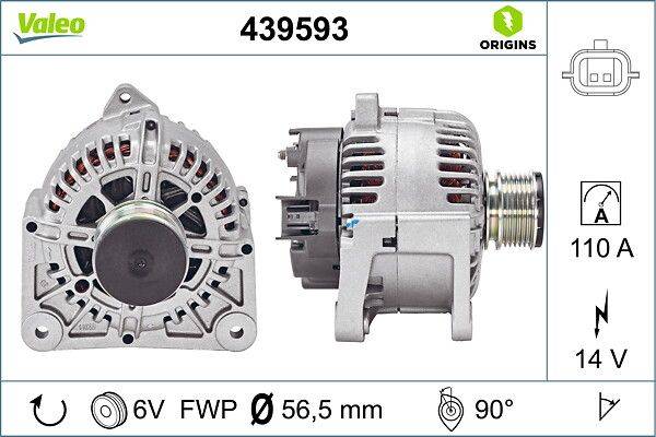Lichtmaschine, Modellnummer 439593, 6V, 56,5 mm, von vorne und von der Seite dargestellt, in einem Winkel von 90° gezeigt.