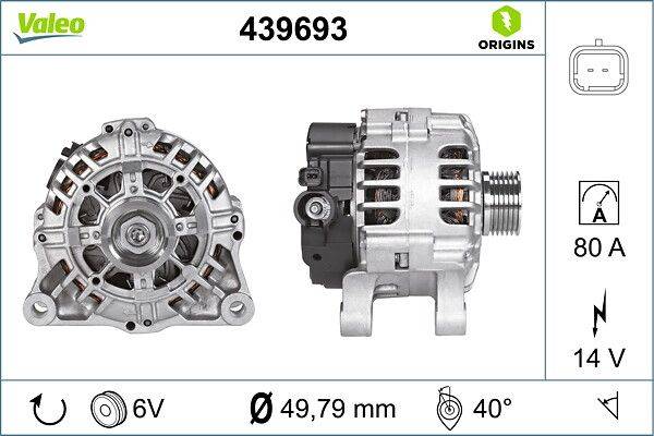 Alternator-Bild mit Modellnummer 439693, 6V, Abmessungen 49,79 mm und 40-Grad-Ausrichtung. Markenlogo 'ORIGINS' dargestellt.