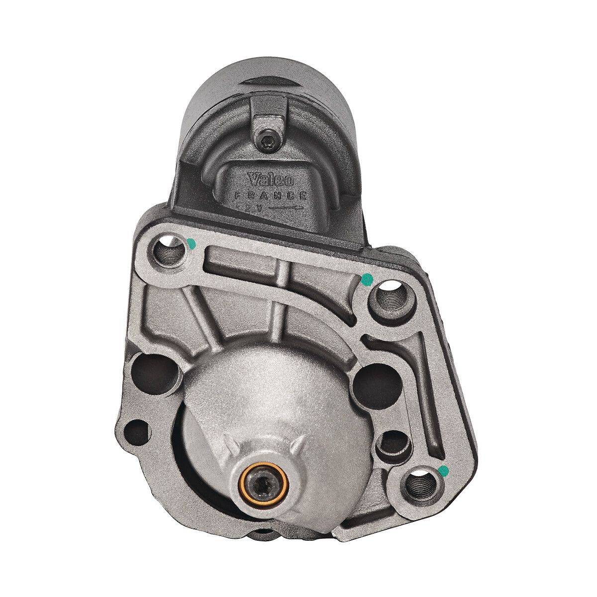 Anlasser des Fahrzeugs, Draufsicht mit Metallgehäuse, sichtbare Befestigungslöcher und elektrische Anschlusspunkte an der Basis, ohne Beschriftung.