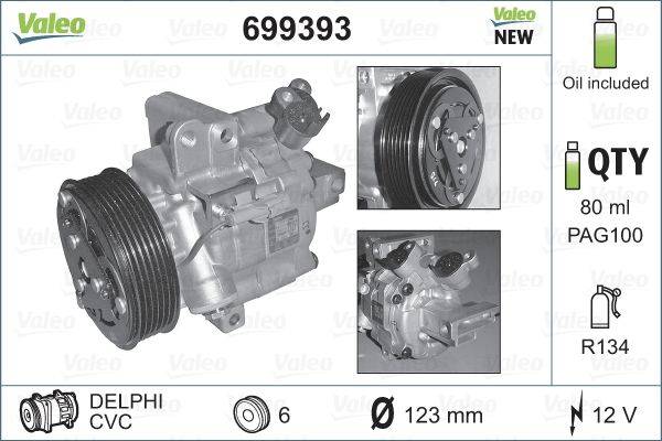 Valeo' Motorkomponente mit mehreren Ansichten; Hauptaugenmerk liegt auf dem neuen Kompressormodell 699393, das kreisförmige Komponenten und einen Durchmesser von 123 mm aufweist.