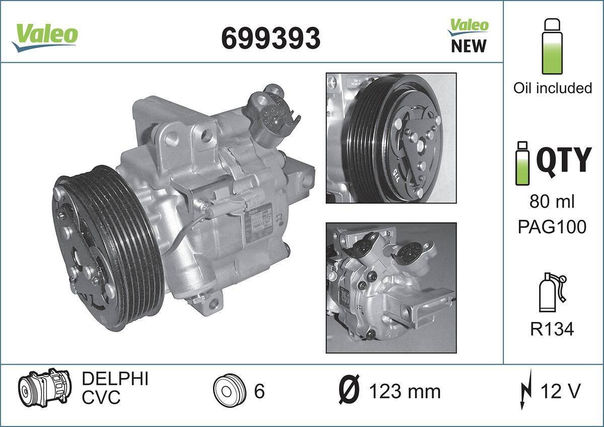 Kompressor-Bild mit Vorder- und Seitenansicht. Obere Beschriftung: '699393', Marke: 'Valeo NEU'. Wichtigste Merkmale: 6 Rillen, Durchmesser 123 mm.