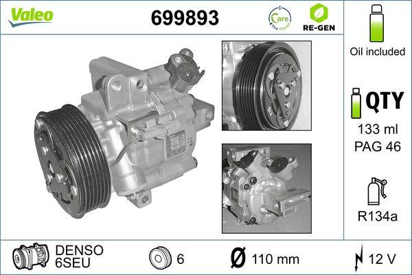 Kompressor-Modellnummer 699893 von Denso. Verfügt über eine Riemenscheibe mit einem Durchmesser von 110 mm und einer '6' Spezifikation. Enthält grüne umweltfreundliche Etiketten.