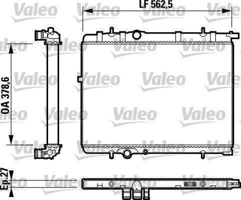 Technische Zeichnung eines Autokühlers von Valeo, beschriftet mit 'LF 562,5', die Abmessungen und interne Komponenten im Automobilkontext zeigt.