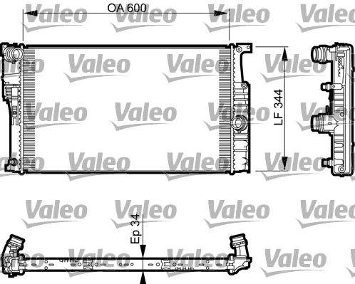 Technische Zeichnung eines Fahrzeugkühlers mit den Abmessungen OA 600 und LF 344, die beschriftet sind. Die Marke 'Valeo' ist im Hintergrund wiederholt.