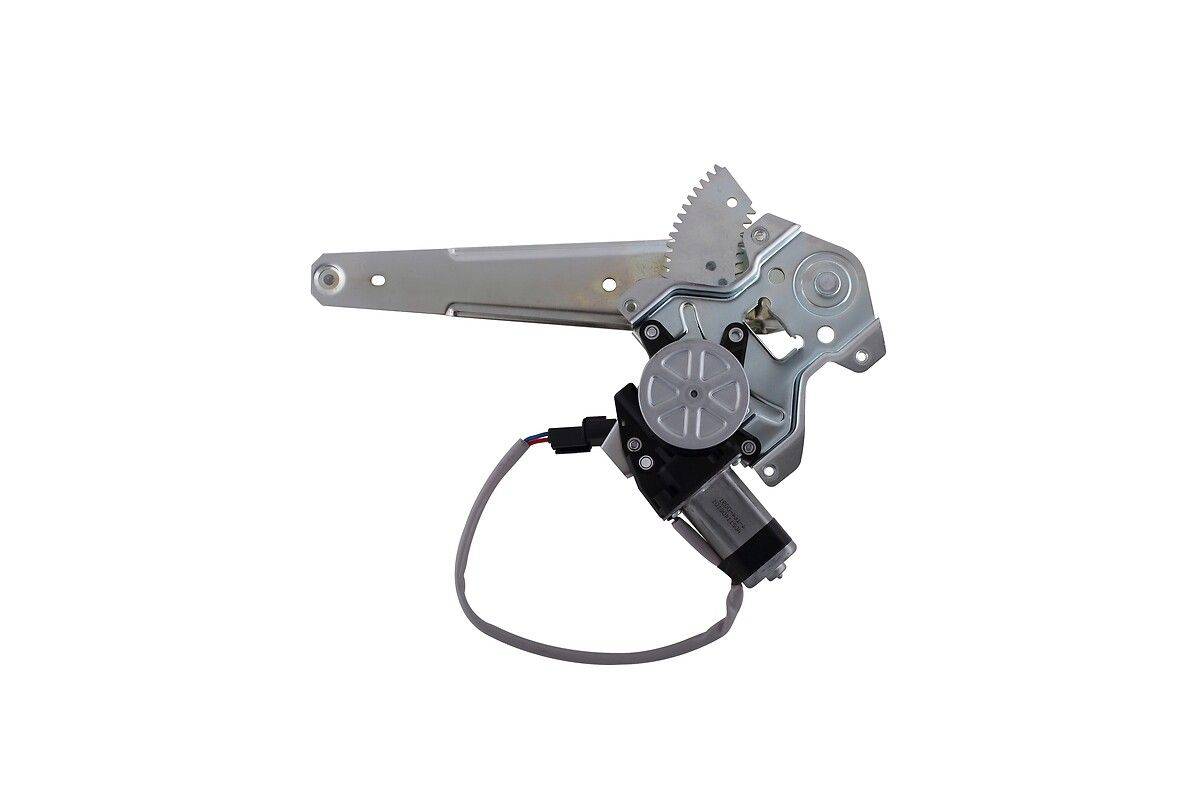 Ein Fensterheber mit angebautem Motor, der Metallausleger und Zahnräder zeigt und zum Hoch- und Herunterfahren von Autofenstern verwendet wird.