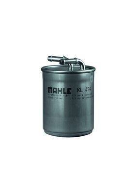 Ein zylindrischer metallischer Kraftstofffilter mit zwei Rohranschlüssen, gekennzeichnet mit 'MAHLE KL 495'.